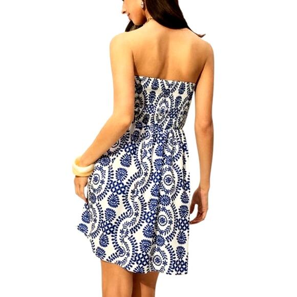 Commense Women's Medium Blue White Strapless Floral Collarless Mini Woven Dress - Picture 6 of 8